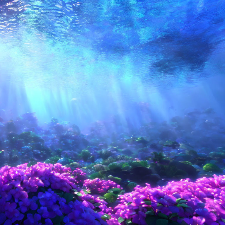 Blue water illuminated by sunlight showcasing vibrant purple and green underwater flora