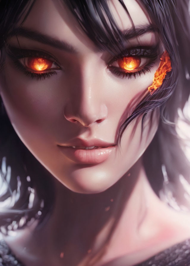 Digital Artwork: Woman with Glowing Orange Eyes and Fiery Details