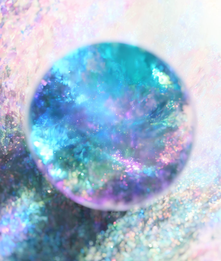 Vibrant colors reflected in crystal ball on pastel background