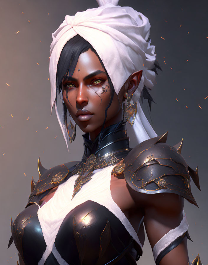 Digital artwork of dark-skinned female warrior in white headscarf and black armor.