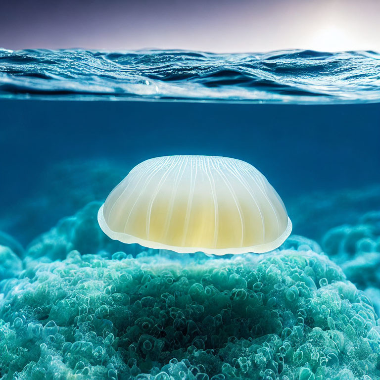 Translucent jellyfish above coral reef in serene blue ocean