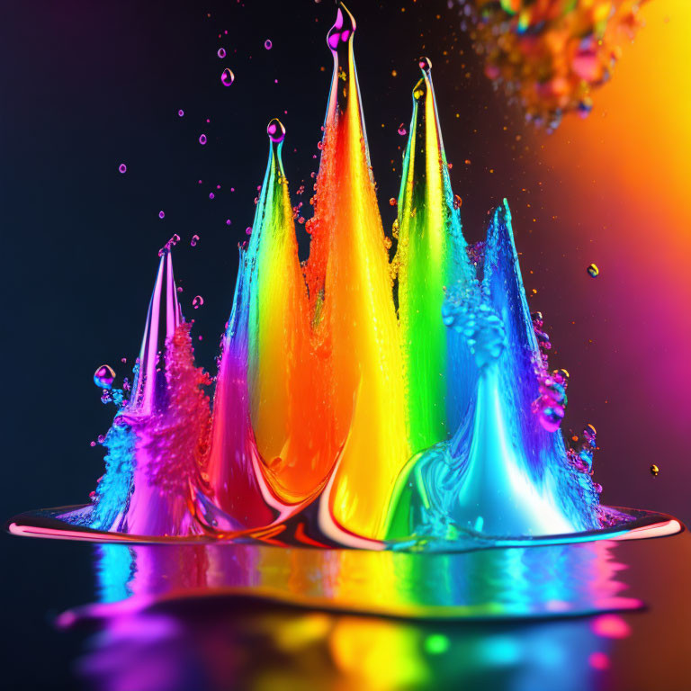 Colorful liquid spikes suspended in air against dark background