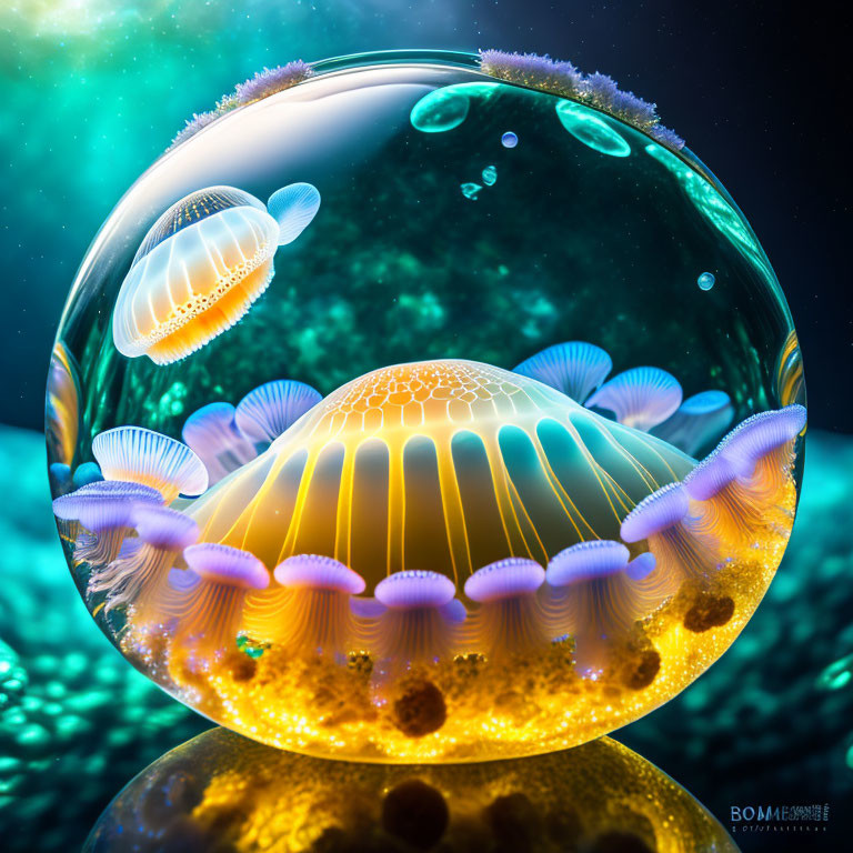 Bioluminescent jellyfish in translucent bubble underwater art.