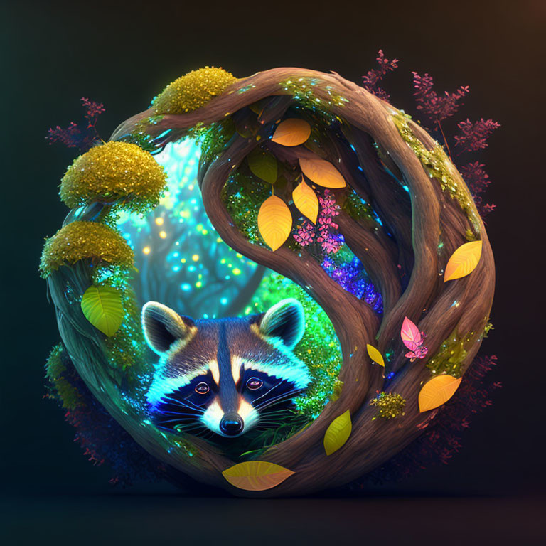 Enchanted circular woody habitat with vibrant foliage and glowing lights