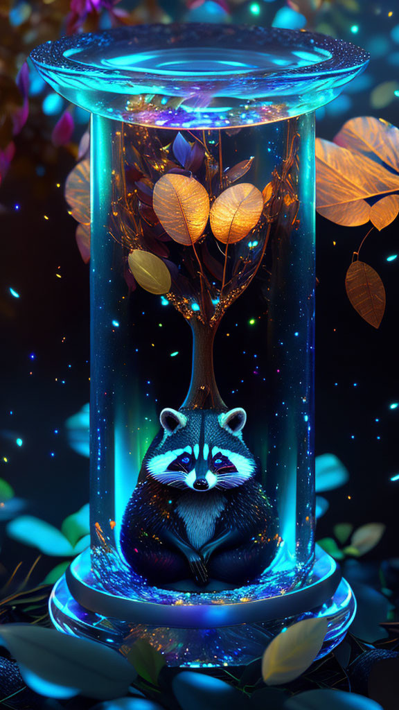 Luminescent raccoon in glowing container with golden leaves on dark blue background