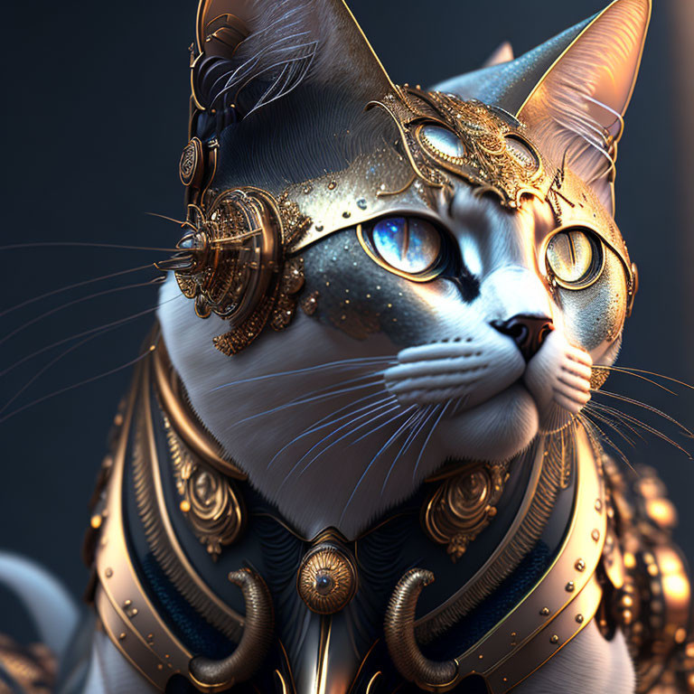 Digital artwork: Cat in golden steampunk armor with blue eyes