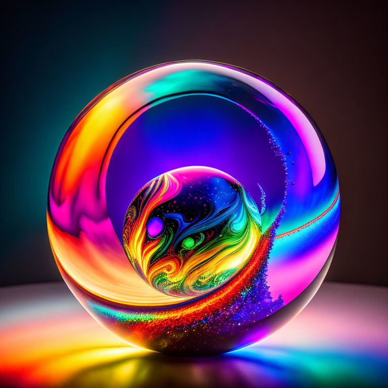 Colorful Glass Sphere Reflecting Light on Gradient Background