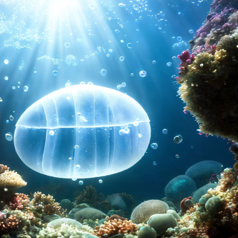 Translucent jellyfish in serene underwater scene with vibrant coral reef