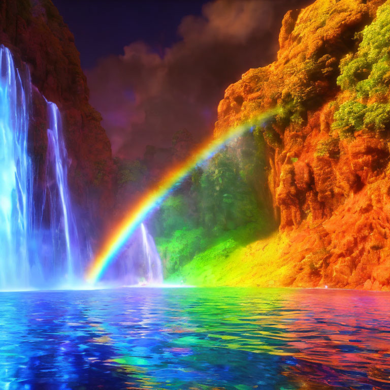 Tranquil blue lake with rainbow and waterfalls in serene landscape