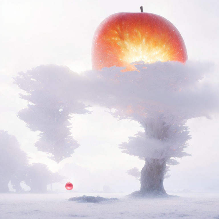 Surreal landscape with giant glowing apple on snow-covered tree