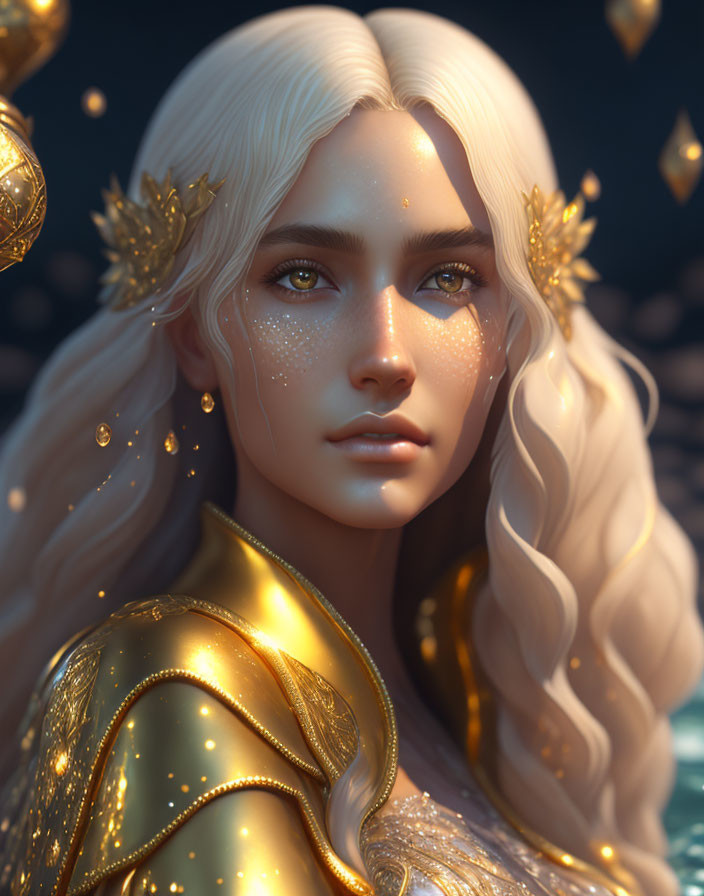 Digital artwork features woman in golden armor, fair skin, freckles, and white wavy hair