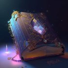 Ornate magical book with gold detailing and glowing purple gem