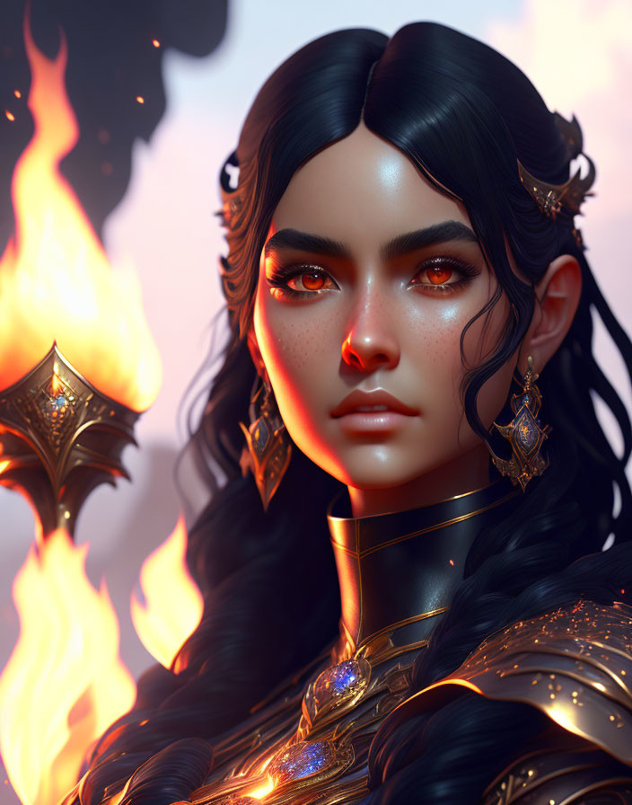 Digital artwork: Dark-haired woman in gold armor with striking eyes and flames.