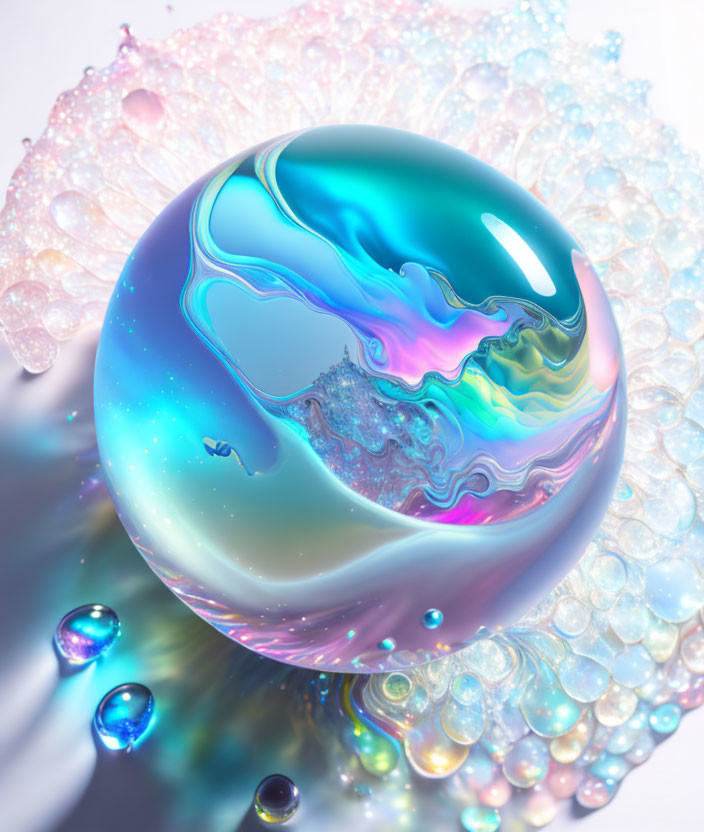 Colorful swirling iridescent sphere on translucent bubbly surface