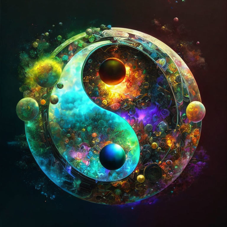 Colorful cosmic yin-yang symbol with galaxies, orbs, and nebulas