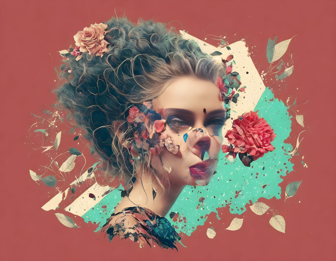 Colorful floral-themed portrait of a woman on red background