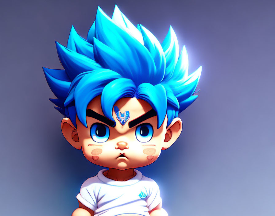 Child with Blue Spiky Hair & Expressive Eyes in White T-Shirt Illustration