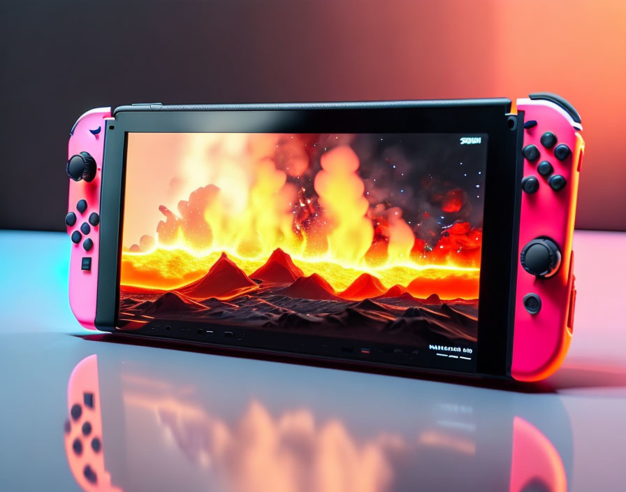 Vibrant Nintendo Switch with Neon Controllers & Explosive Game Scene