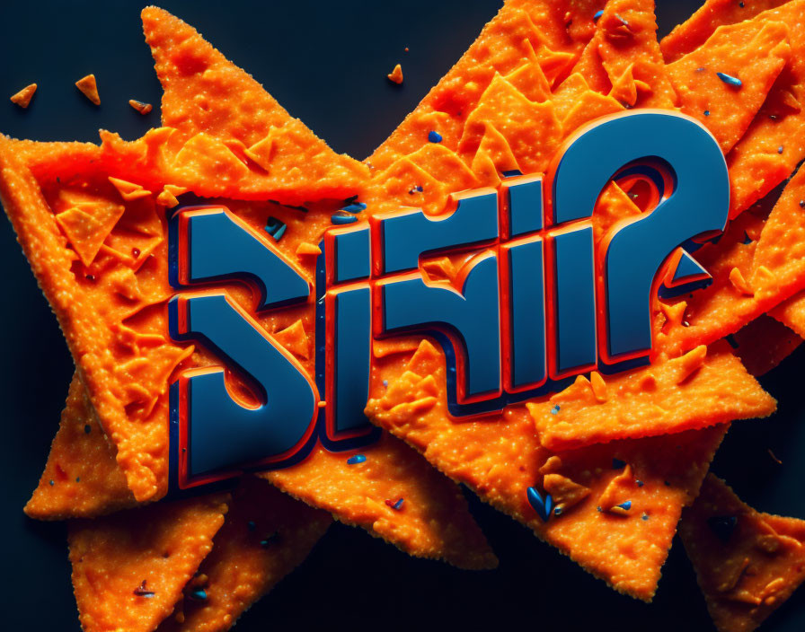 Colorful layered cheesy snack chips with stylized question mark on dark background