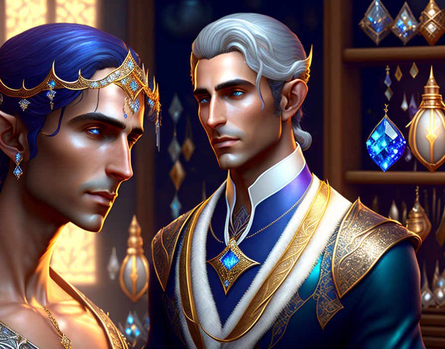 Two Regal Male Characters in Ornate Attire Surrounded by Crystals