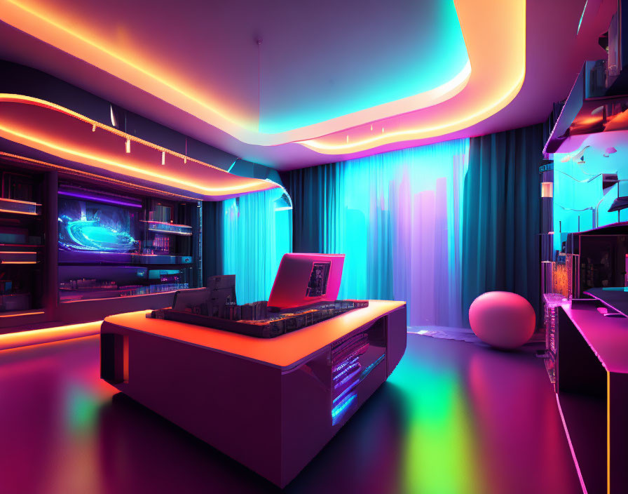 Futuristic Room with Neon Lights and High-Tech Desk Setup