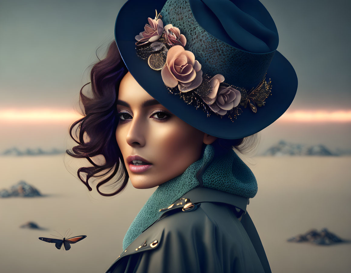 Stylized portrait of woman with blue flower-adorned hat and desert dusk background