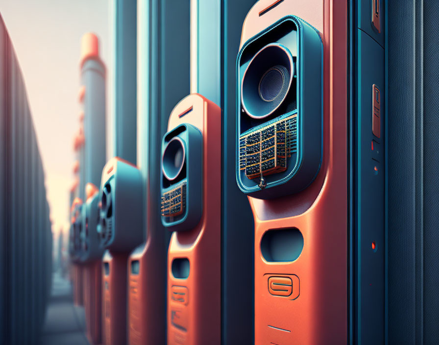 Futuristic orange EV charging stations with digital displays and steel-blue lockers