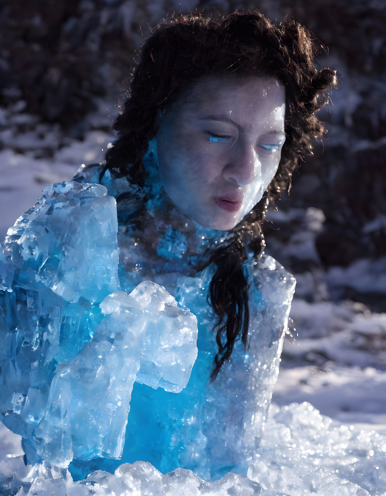 Blue-tinted person in icy crystal setting with winter fantasy vibe