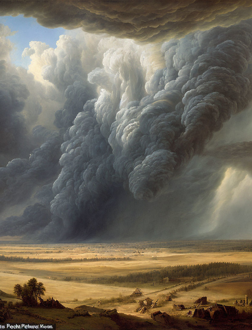 Dramatic landscape painting: smoke cloud over tranquil countryside