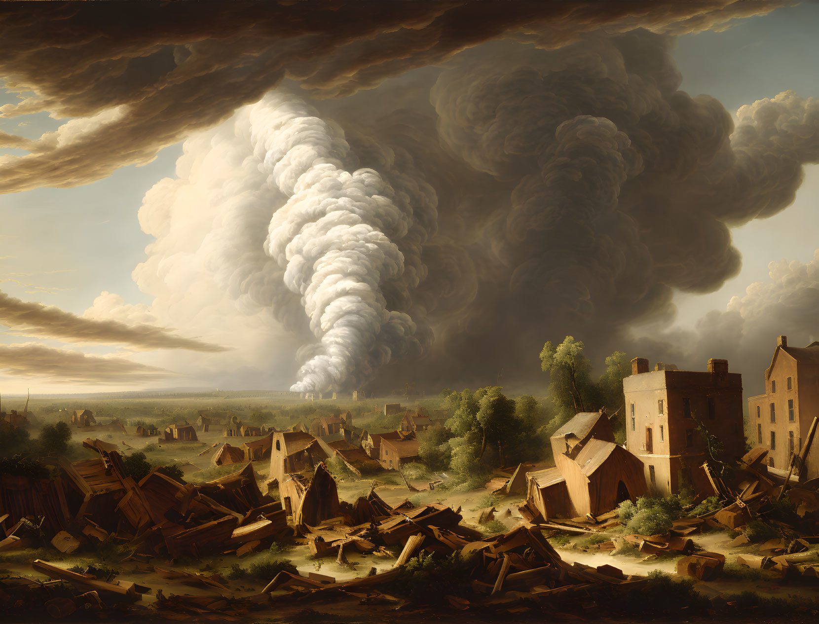 Dramatic oil painting of tornado destroying village