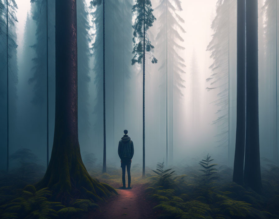 Figure on misty forest path among tall trees