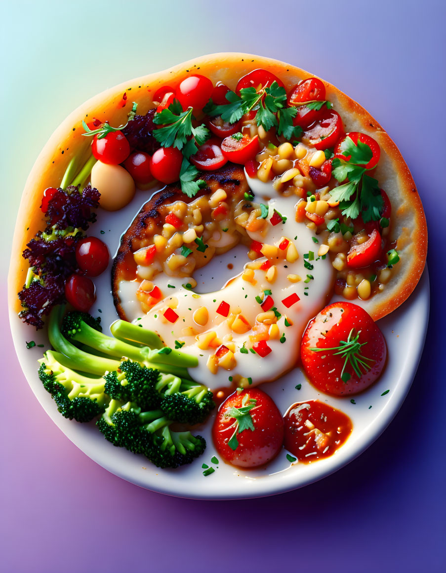 Vibrant Vegetable Plate with Tomatoes, Corn, Avocado, Broccoli, and Lett