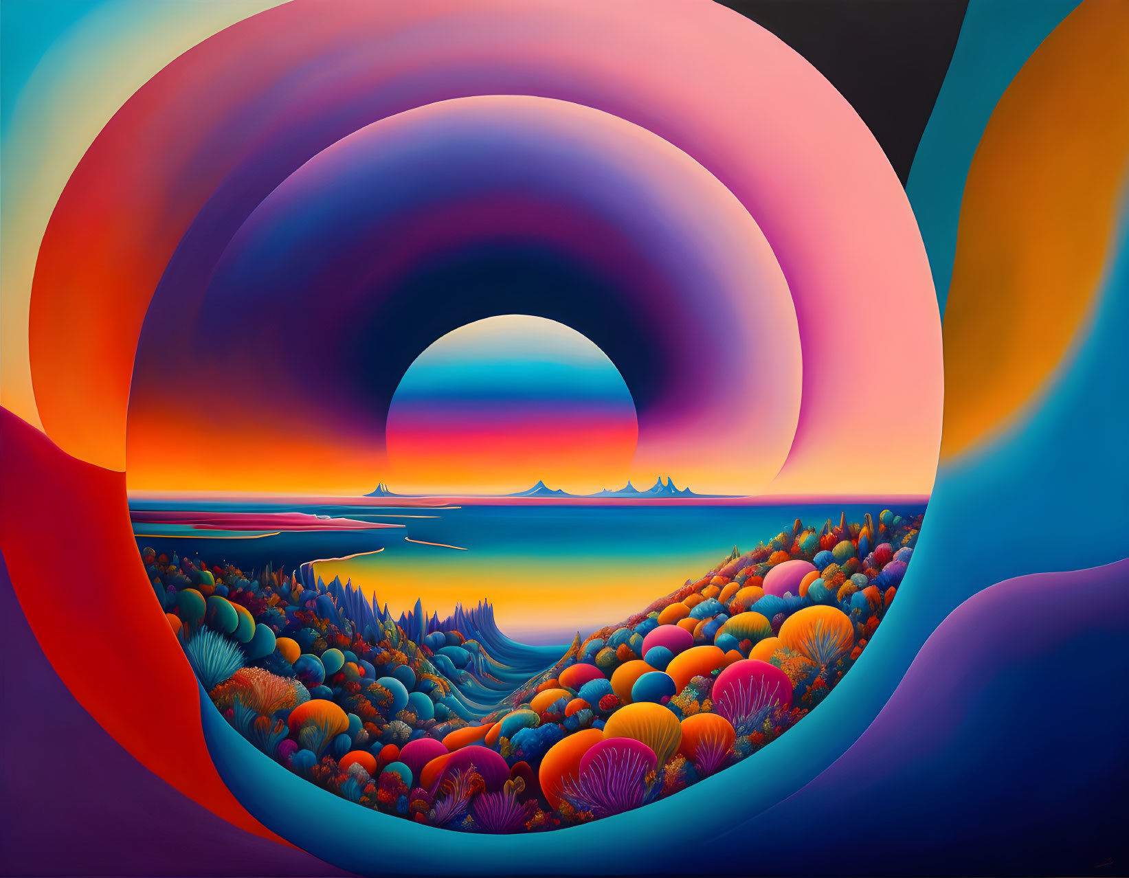 Vibrant abstract painting of swirling sky, colorful landscape, calm lake, and sunset mountains.