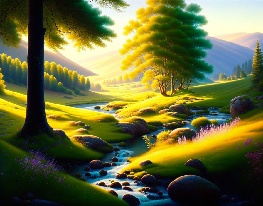 Scenic landscape with stream, hills, flowers, and trees in warm light