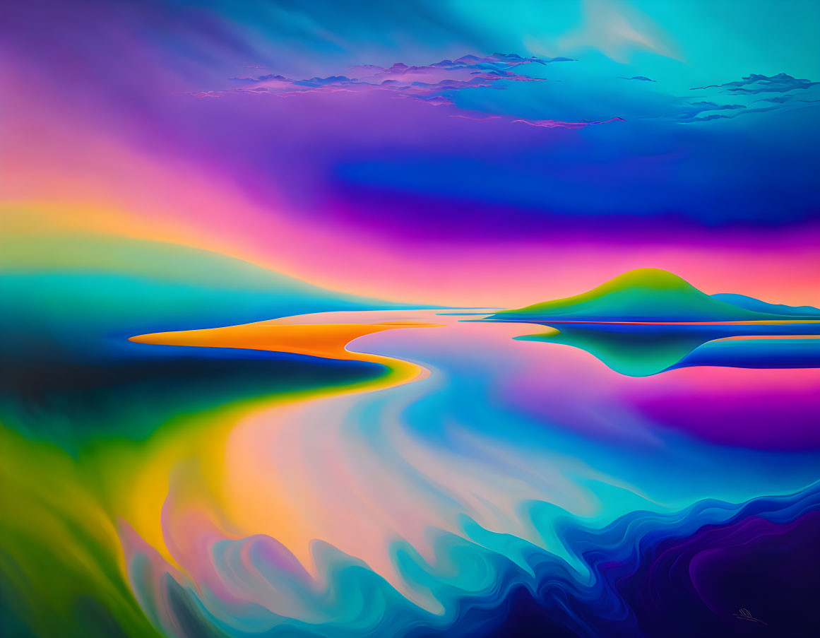 Colorful digital landscape with undulating hills, water, and surreal sky.