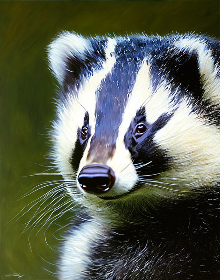 European Badger with Black and White Face Markings on Green Background