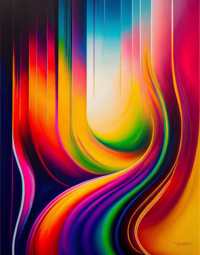 Colorful Abstract Painting with Flowing Lines on Bright Background