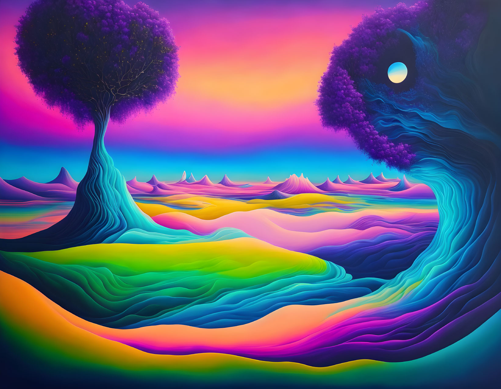 Colorful digital art landscape with multicolored hills, purple sky, stylized trees, and white