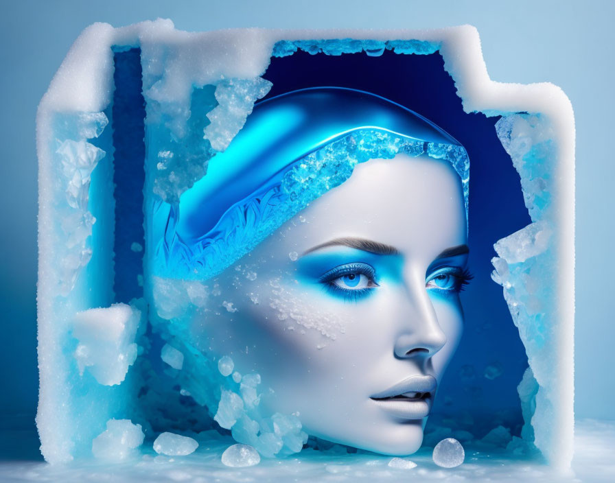 Surreal image of woman's face in blue makeup frozen in icy cube