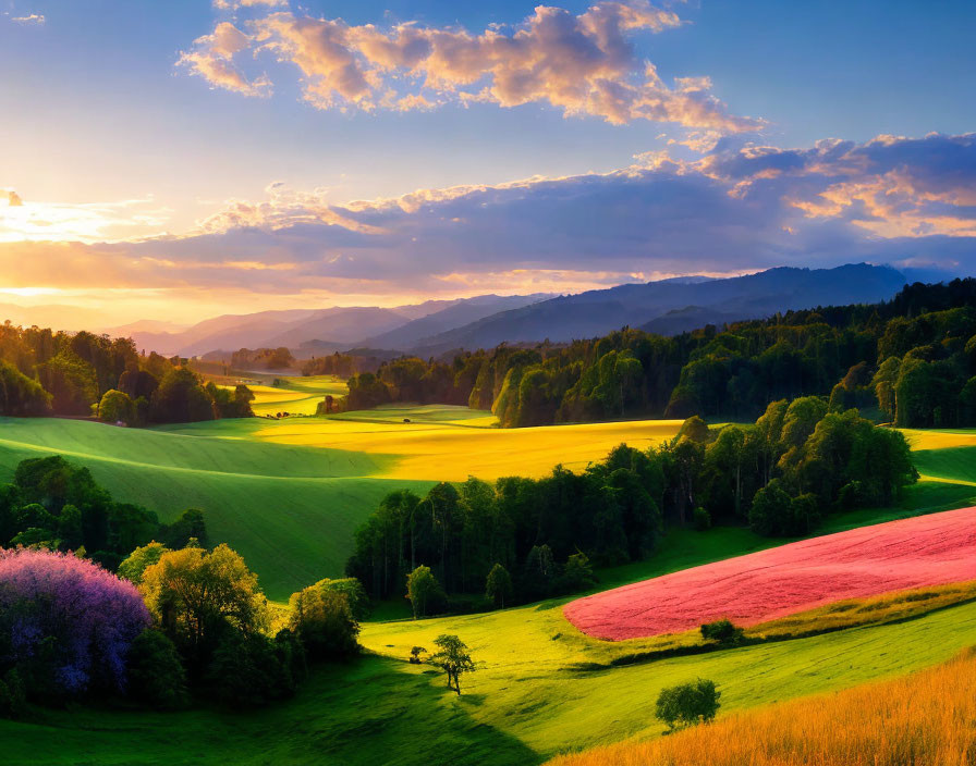 Scenic sunset landscape with colorful rolling hills