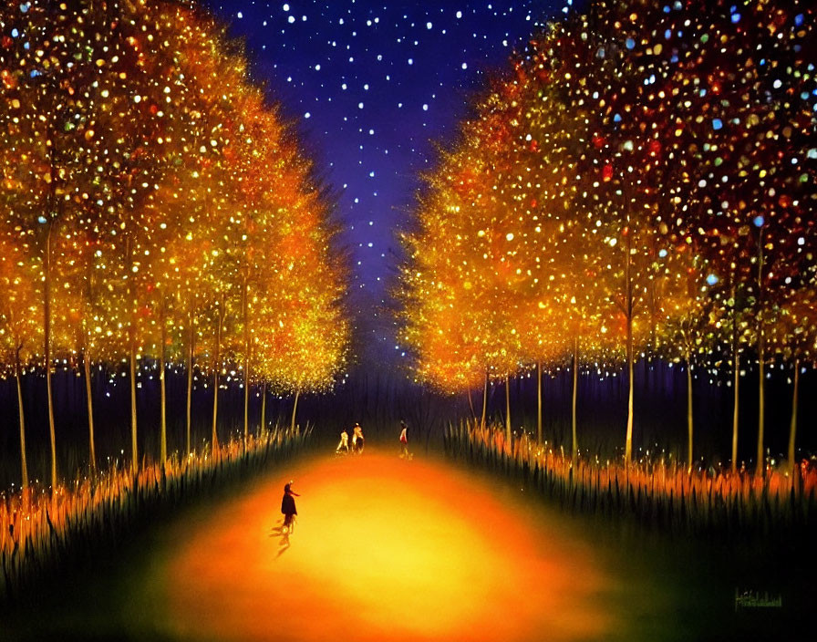 Vivid painting of starry night sky over autumn forest path