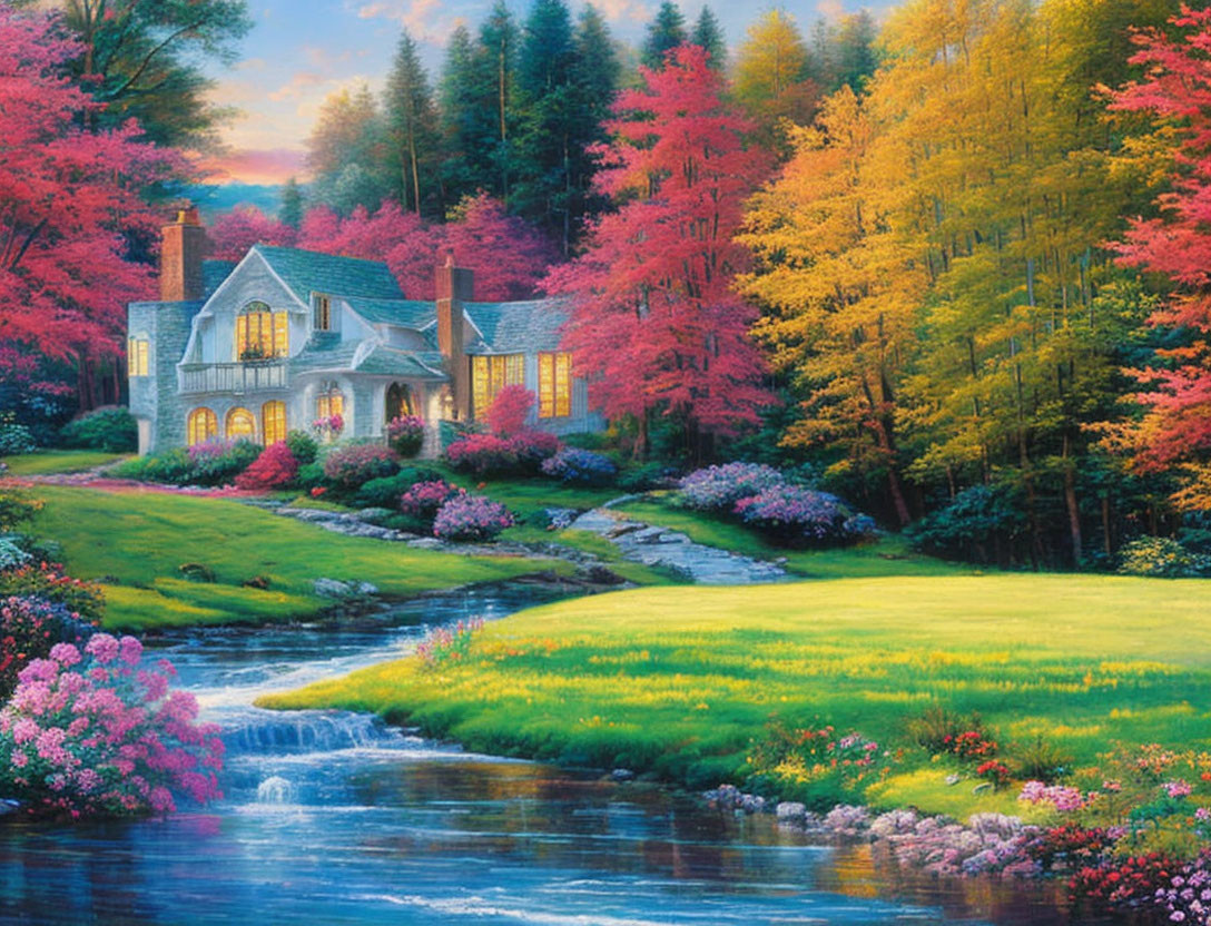 Charming cottage surrounded by autumn trees and a stream