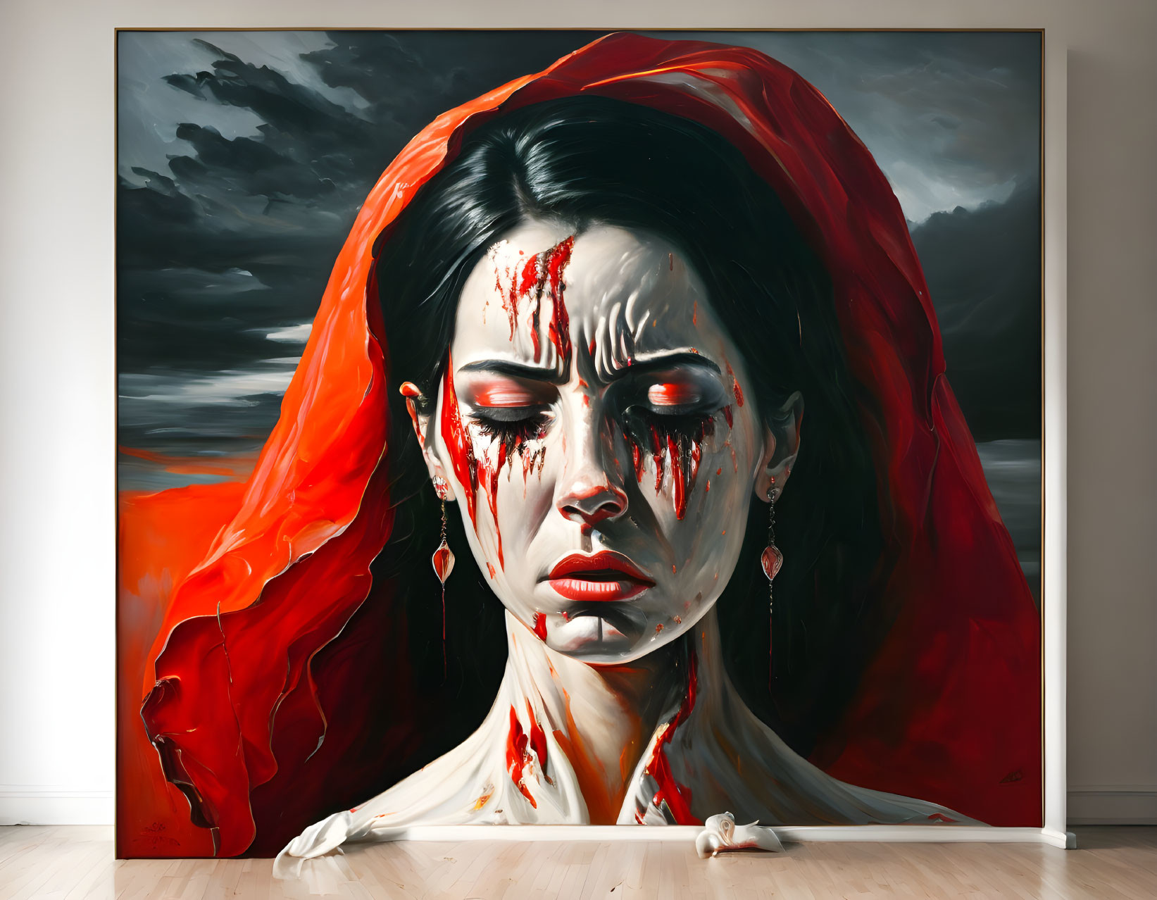 Artistic portrayal of woman with red veil and sorrowful expression against bleak sky