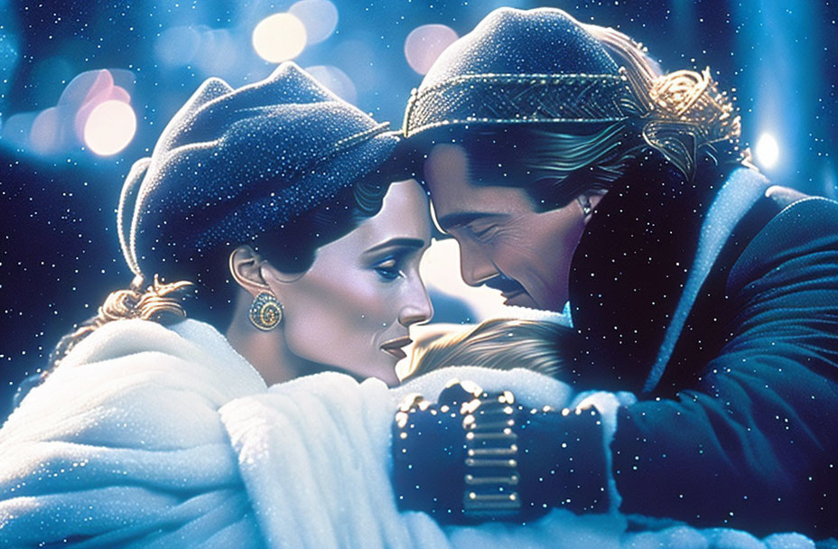 Romantic couple embracing in snowy setting with twinkling lights