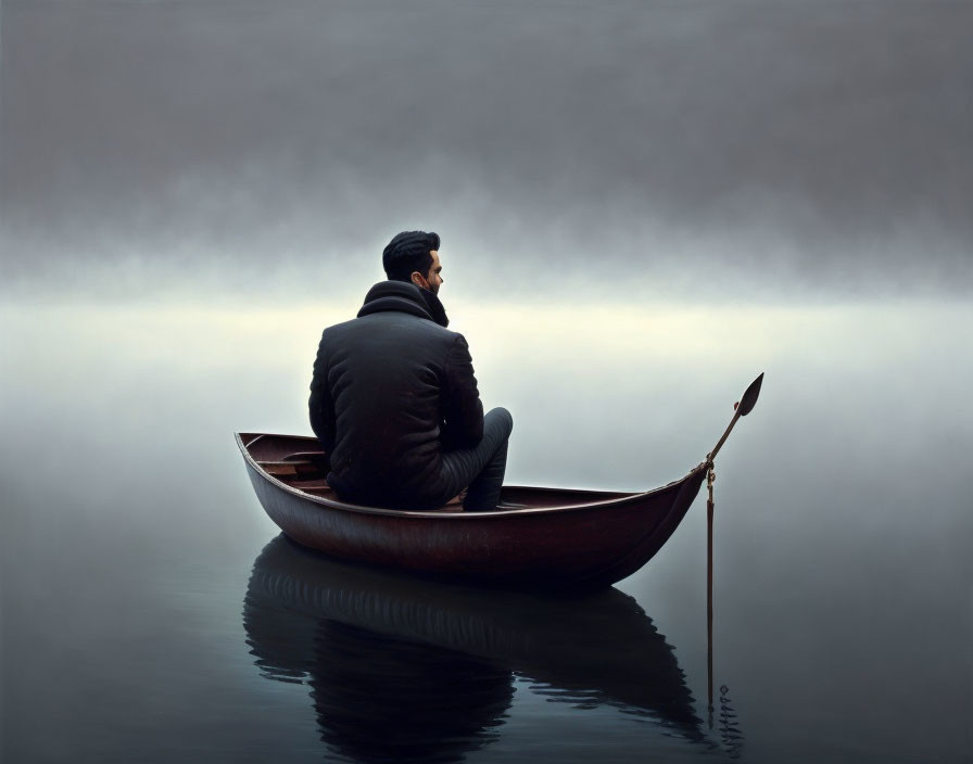 Man in Canoe Contemplating Tranquil Misty Lake