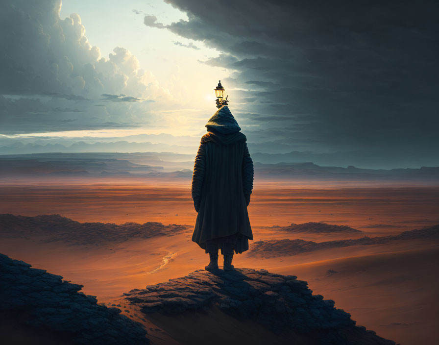 Cloaked Figure with Lantern in Desert at Sunset or Sunrise