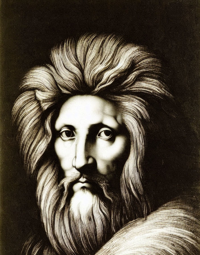 Illustration of human face with lion's mane merge