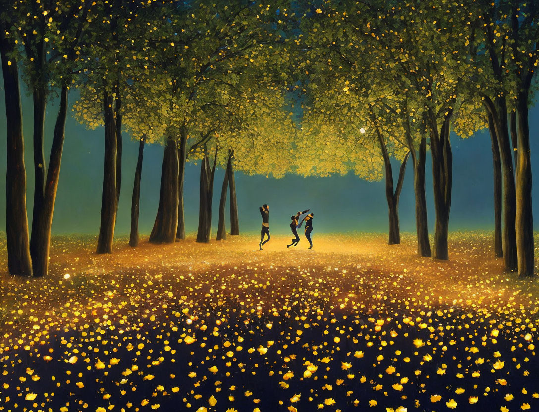 Magical forest scene with dancing couple under starlit sky