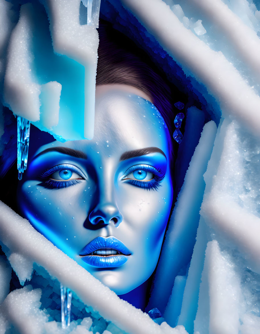 Blue-skinned woman with intense blue eyes among icy stalactites