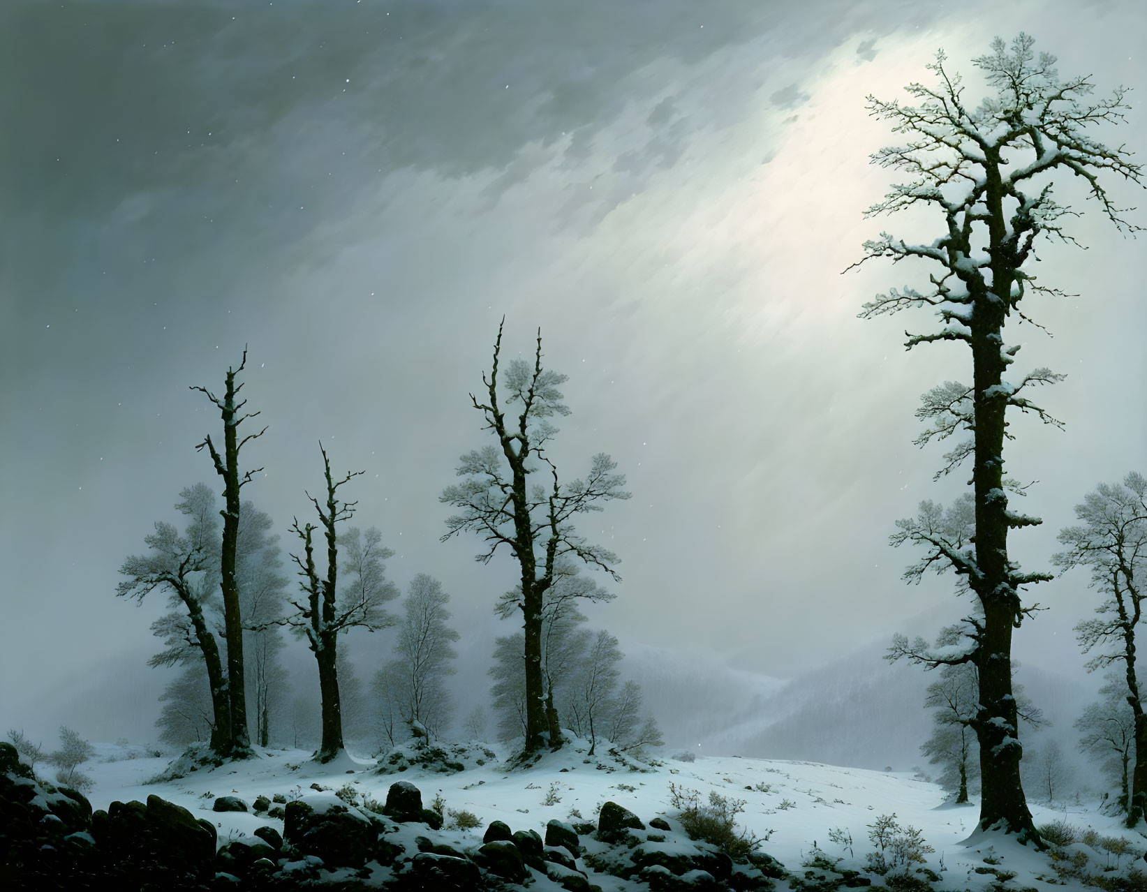 Snow-covered winter night scene with bare trees under a luminous sky